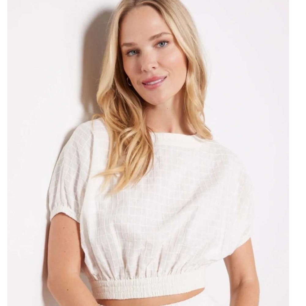 Faherty Cala Windowpane Dolman Cropped Ivory Top S Organic Cotton Neutral Boho